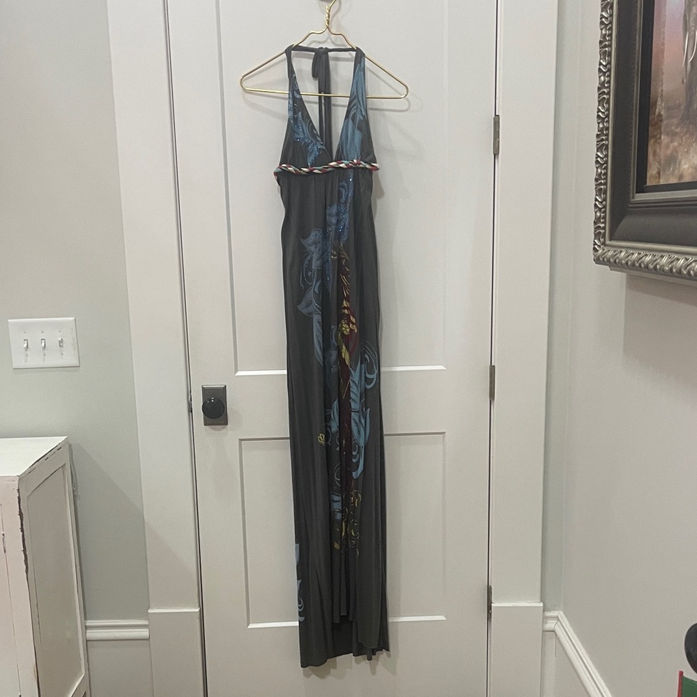 Christian Audigier Blue/Gray Backless Gown with Rhinestone and Gold Accents